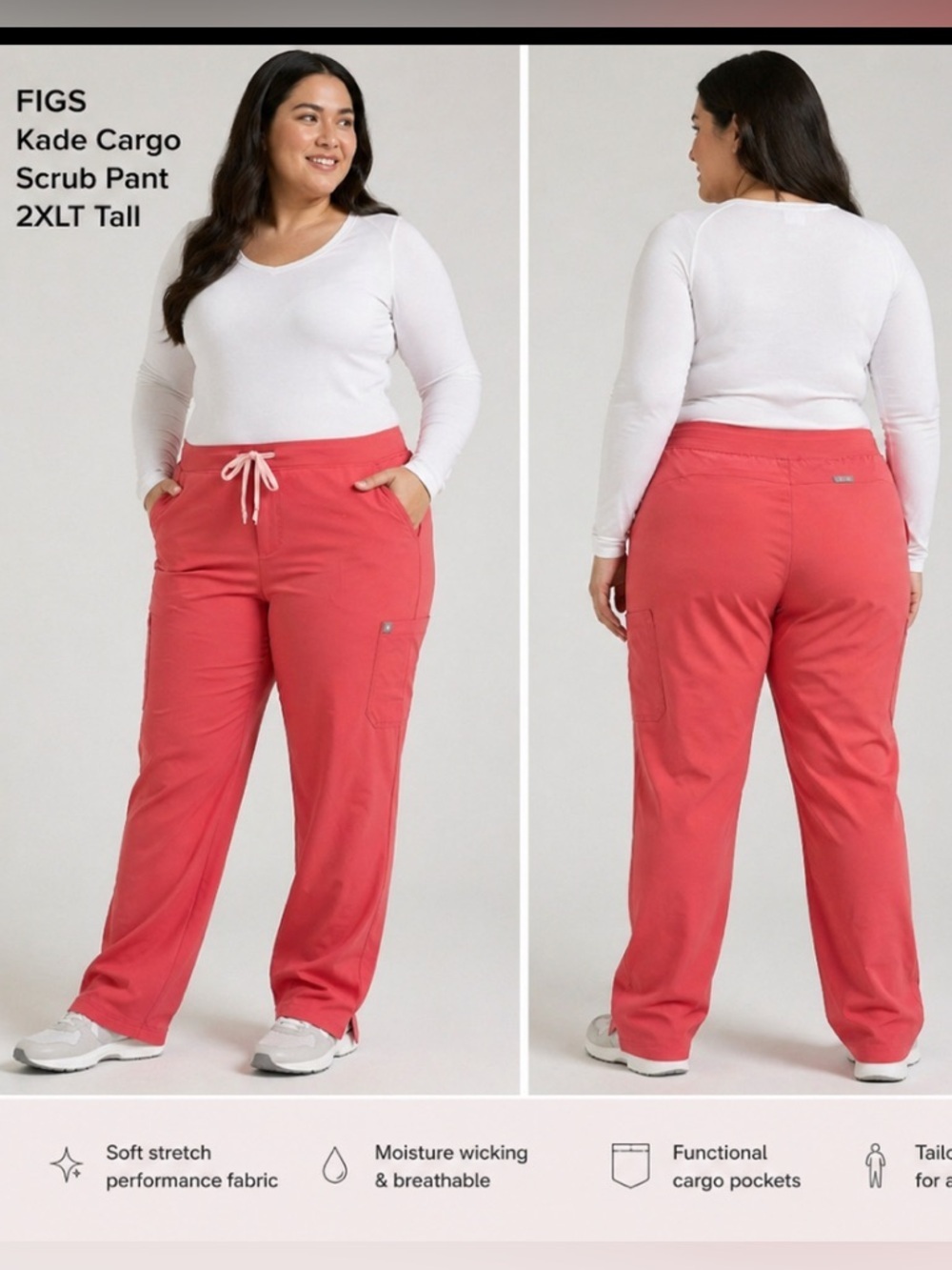 FIGS Kade Cargo Scrub Pants 2XLT NWT Coral Pink Tall Stretch Medical Nurse